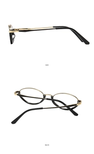 Detailed side and back view of golden metal half-frame glasses with black temple tips