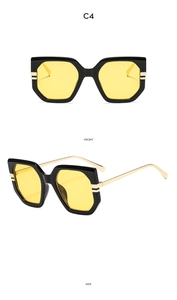 Front and side views of stylish hexagonal sunglasses with yellow lenses and gold metal arms
