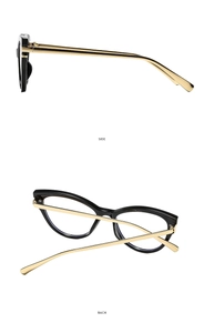 Side and back view of black cat-eye eyeglass frames with slender gold metal temples