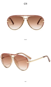 Front and side views of pilot sunglasses with brown gradient lenses and red accents