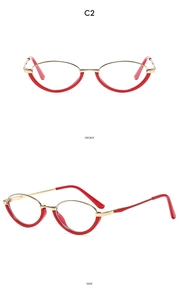 Front and side view of red and gold oval half-rim glasses frames with metal upper bridge