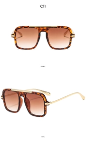 Front and side views of tortoise shell square aviator sunglasses with gold metal bridge