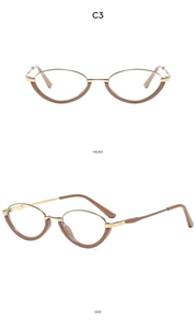 Detail view of oval semi-rimless glasses in gold metal and brown acetate finish