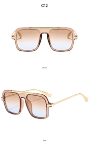 Front and side macro views of square aviator sunglasses with gold metal bridge and gradient lenses