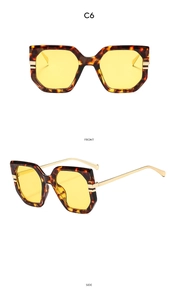 Detail view of large frame sunglasses with tortoiseshell pattern and yellow lenses
