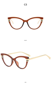 Front and side view of cat-eye eyewear frames in transparent brown with gold metal temples