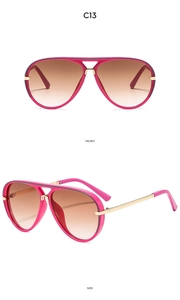 Front and side views of pink pilot sunglasses with brown gradient lenses and gold accents