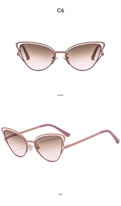 Occhiali da sole cat-eye rosa con montatura in metallo oro rosa, vista dettaglio lati