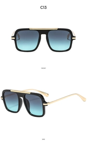 Front and side view of black square pilot sunglasses with gold metal bridge and temples