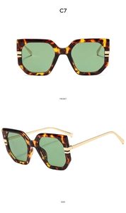 Detailed front and side views of large geometric tortoise shell sunglasses with gold metal legs