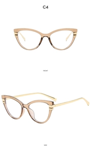 Front and side views of women's cat-eye glasses frames in tawny brown and gold metal