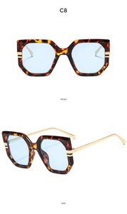Detailed front and side views of square tortoiseshell sunglasses with gold metal temples