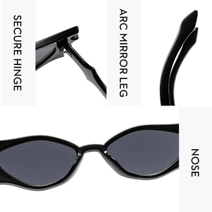 Detail view of reinforced hinges, curved legs, and nose pads of black cat eye sunglasses