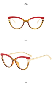 Detailed front and side view of cat-eye anti-blue light glasses frame in C6 red tiger pattern