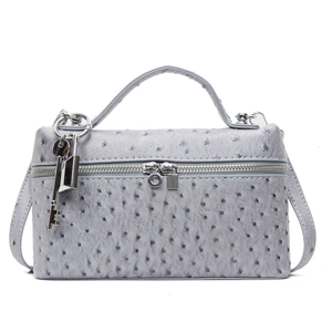 Elegant ostrich texture box bag in light grey purple with metallic padlock and key detail