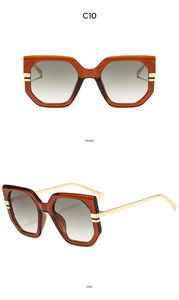 Front and side views of large geometric amber sunglasses with slim golden metal legs