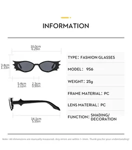 Detailed size chart for bat-wing sunglasses including lens width and frame dimensions