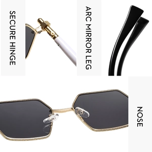 Detail view of hex sunglasses with secure hinges, curved legs and silicone nose pads