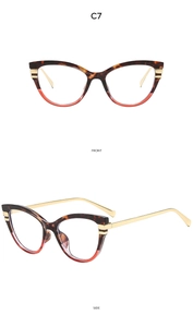 Front and side view of cat-eye glasses with tortoiseshell finish and red gradient accents
