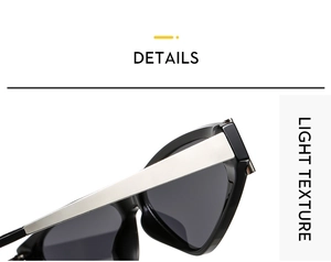 Close-up of stylish triangle sunglasses featuring wide silver metal temples and glossy black frames