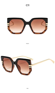 Front and side views of large square sunglasses with black tortoise frames and metal temples