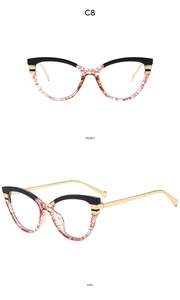 Detailed front and side views of C8 cat-eye glasses with black and orange patterned frames