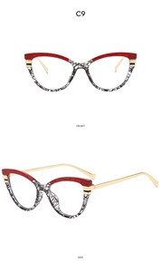 Front and side view of cat-eye anti-blue light glasses with red and black patterned frames