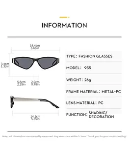 Detailed dimension guide for black cat-eye sunglasses featuring size specifications and metal frame