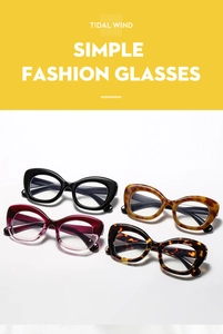 Detailed view of cat eye glasses in black, tortoiseshell, purple gradient, and leopard print