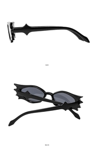 Side and back view of black bat-wing sunglasses with sharp geometric frames and grey lenses