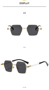 Detailed front and side views of polygon metal sunglasses with textured gold frames
