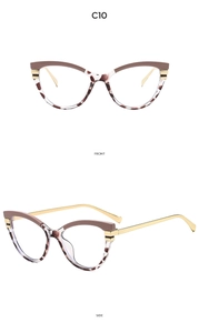 Detailed front and side views of cat-eye frames with leopard print and gold metal temples