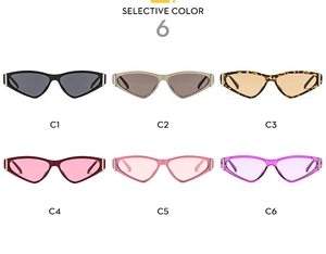 Detailed grid view of trendy triangular cat-eye sunglasses in six various stylish colors