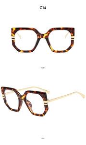 Front and side views of tortoise shell geometric glasses with gold metal temples