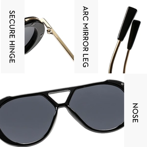 Detail view showing secure gold hinges, comfortable nose pads, and arc mirror legs of pilot sunglasses