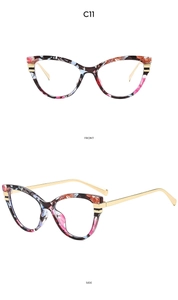 Cat eye glasses frames with floral pattern and gold metal temples, front and side view