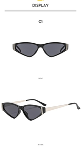 Front and 45-degree side views of black cat-eye sunglasses with gold metal temples