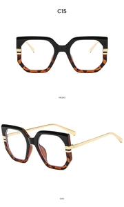 Front and side view of large hexagonal tortoiseshell sunglasses with gold metal temples