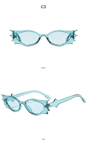 Front and side views of light blue bat-shaped sunglasses in Gothic cat-eye design