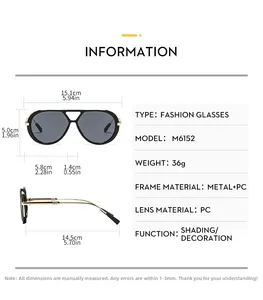 Detailed size specifications for M6152 black pilot sunglasses with metal and PC frame