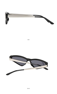 Detailed side and back views of black cat-eye sunglasses with slim silver metal temples