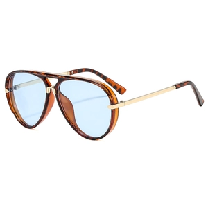 Tortoiseshell aviator sunglasses with blue lenses and gold metal temples, 45-degree view