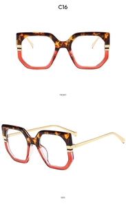 Detailed front and side view of geometric dual-tone frame glasses with gold metal legs