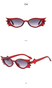 Front and side view of red bat-shaped cat eye sunglasses with purple gradient lenses
