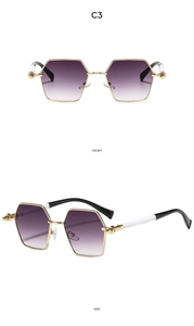 Detailed front and side views of geometric gold metal sunglasses with purple gradient lenses