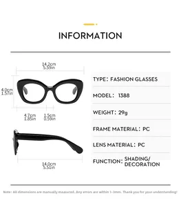 Detailed size chart for black oversized cat-eye glasses frame with precise dimensions