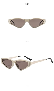 Front and side views of triangle cat-eye sunglasses with gold frames and brown lenses
