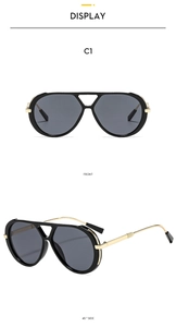 Front and side view of pilot sunglasses with double bridge and black gold frame