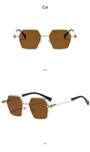 Detailed front and side views of hexagonal gold metal sunglasses with C4 brown lenses
