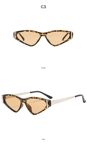 Detail view of C3 tortoiseshell triangle cat eye sunglasses showing front and side profiles